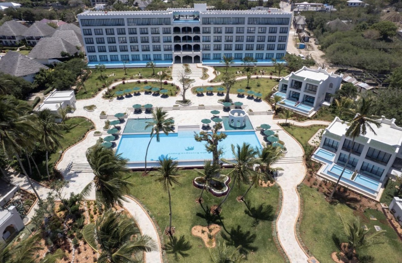 Aerial view of Tembo Kiwengwa Resort, pools and gardens