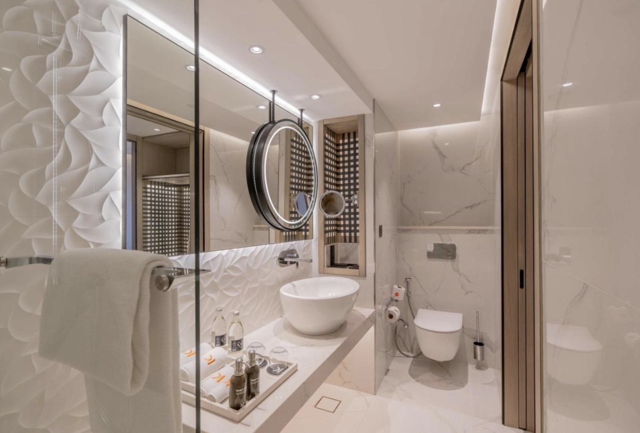 Marble bathroom with rainfall shower