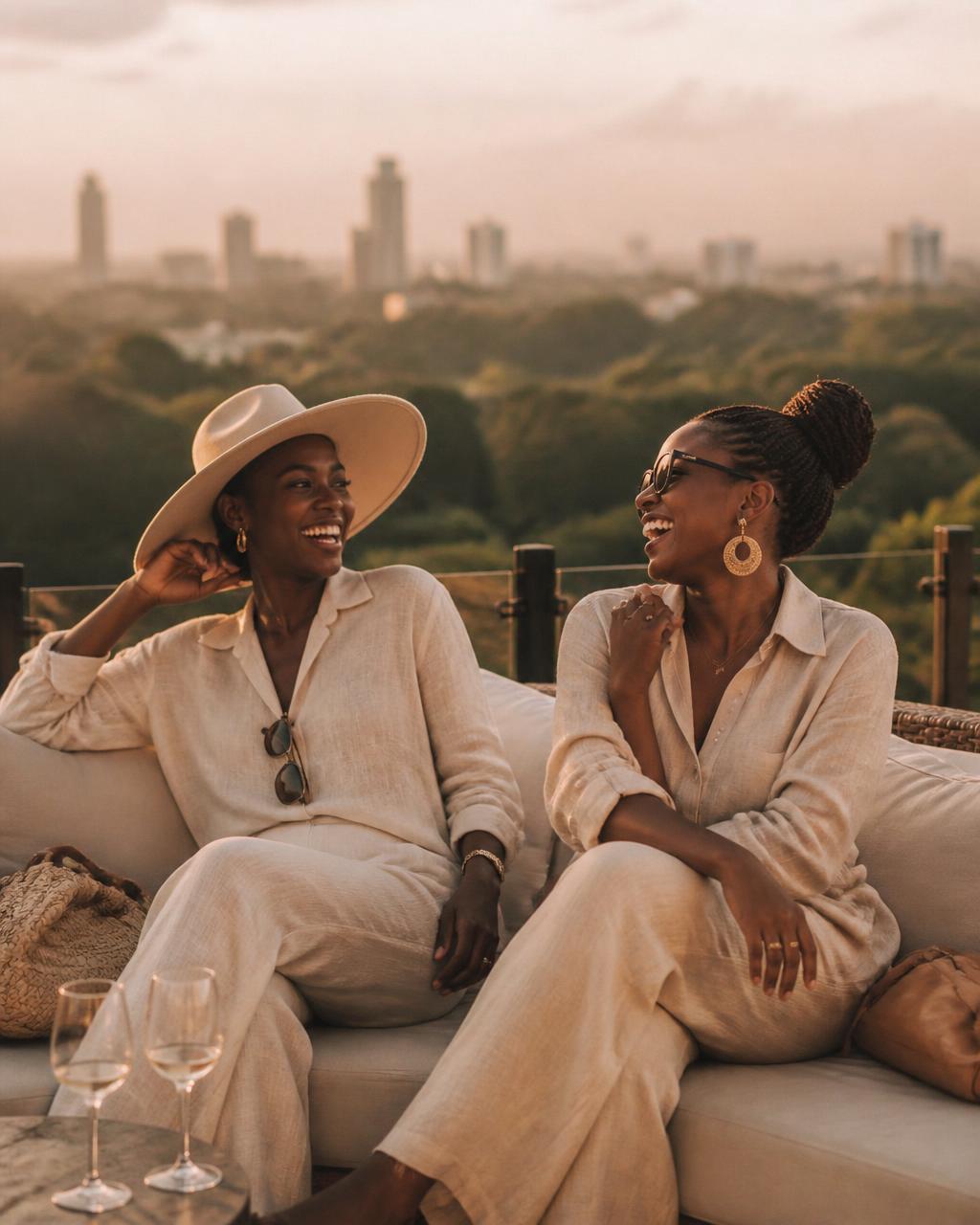 Two travellers relaxing on a terrace above Nairobi at golden hour