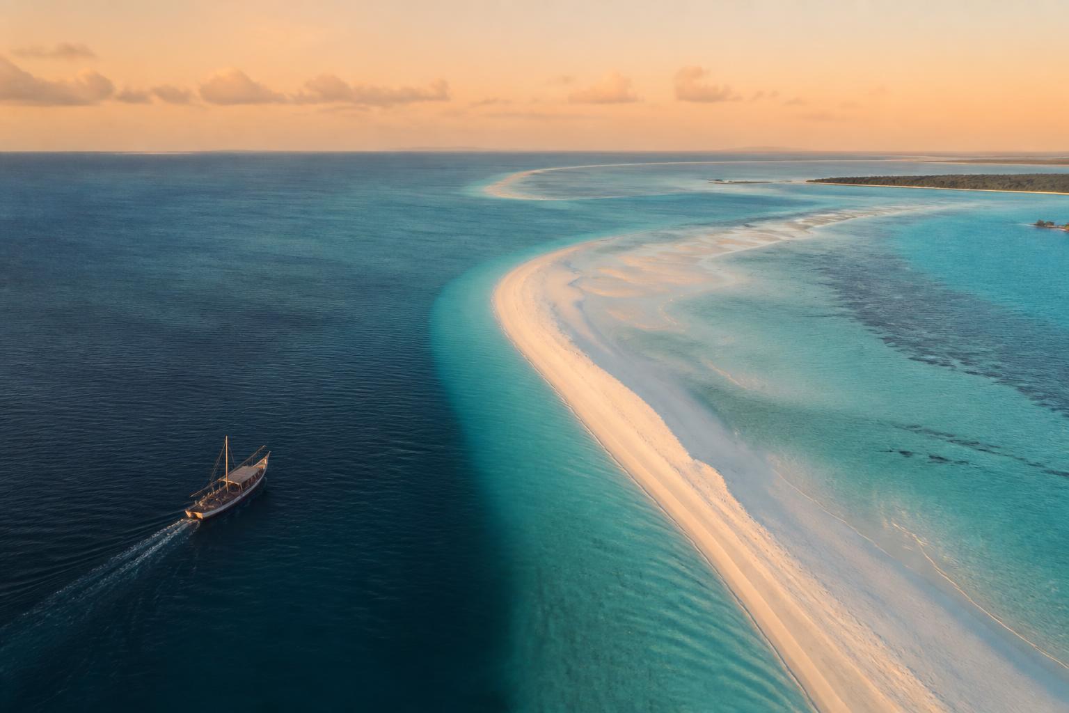Aerial view of the Zanzibar coastline where turquoise shallows meet white sand